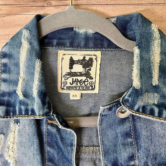 Jaase Womens Blue Embellished Distressed Fringe Boho Denim Jacket Size XS - Picture 3 of 7